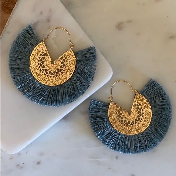 kelzposh Jewelry - Blue Fan Fringe Earrings